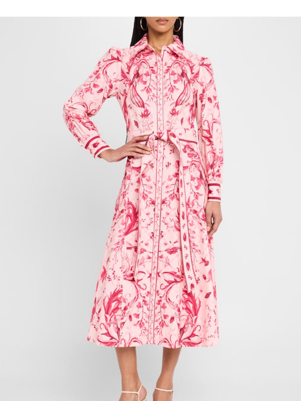 Marchesa Pink Floral-Print Long-Sleeve Midi Shirt Dress